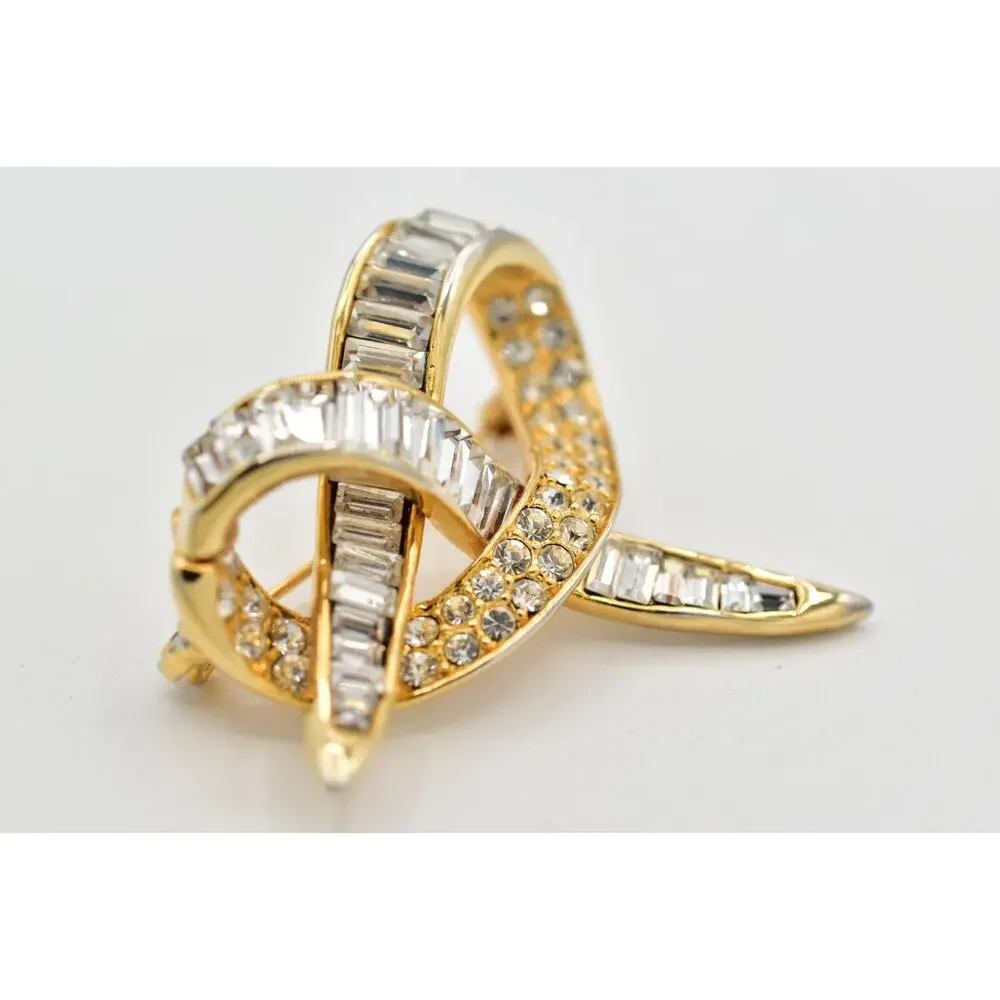 Vintage Crystal Pretzel Knot Pin Brooch Baguette Rhinestone Gold Tone 1980s 9B